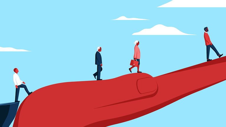 An illustration of a hand reaching out to help people cross a chasm. The hand represents mentorship.