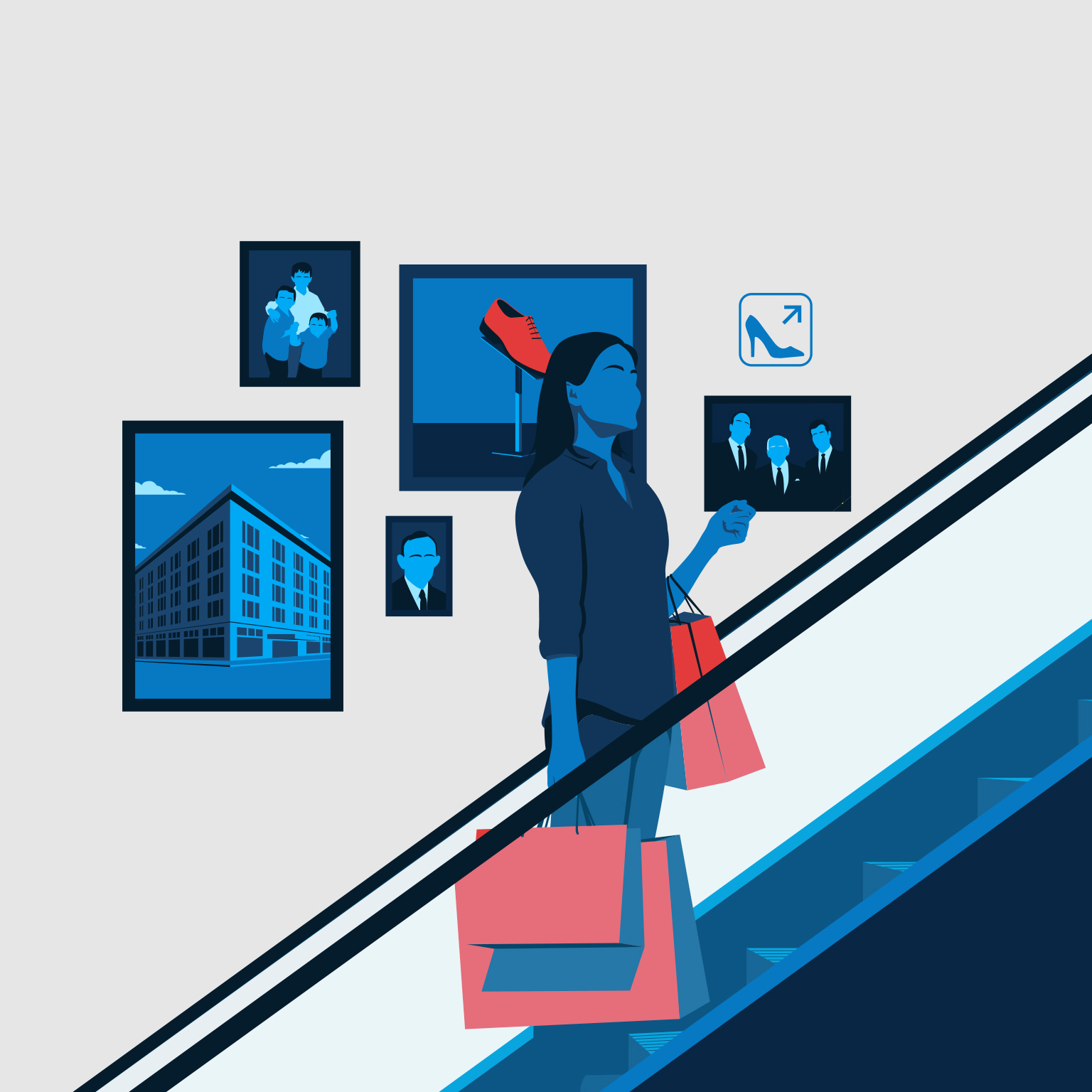 A woman holding shopping bags travels up the escalator of a department store. Behind her are photos representing the life of the store's owner.