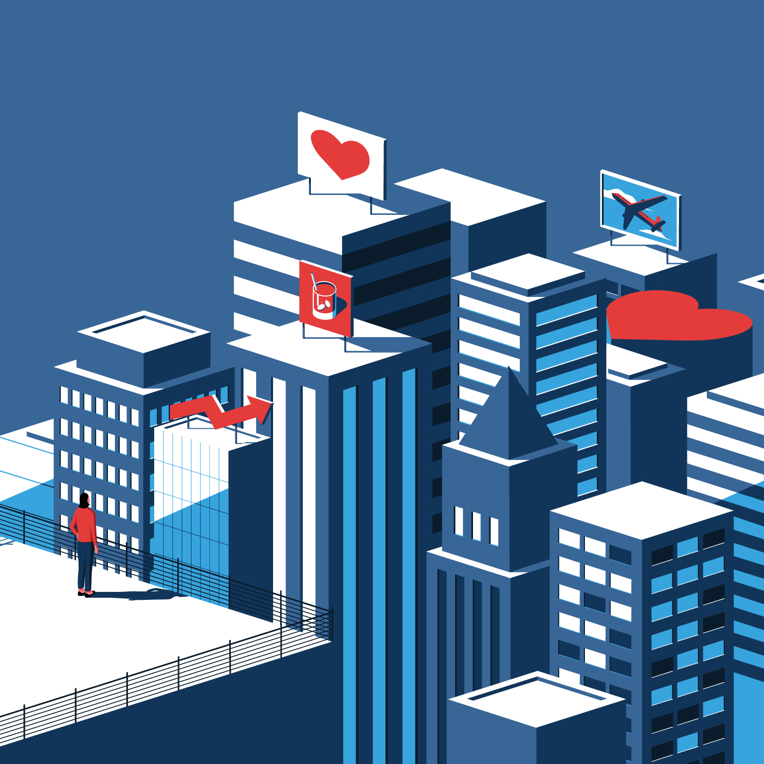 An illustration of a woman standing on a rooftop looking up at billboard advertisements on neighboring rooftops