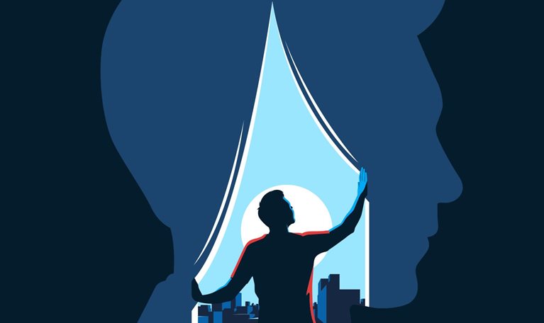 In the illustration, a person is looking through a window at a cityscape. The window is in the shape of a human head, which represents the mind.