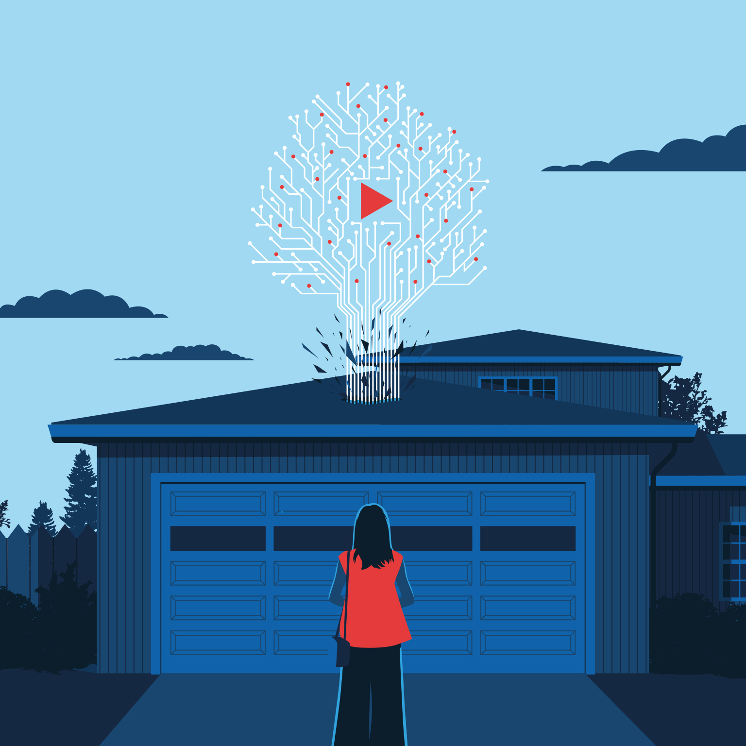 A woman stands in front of her home in reflection. A tree made up of network nodes bursts through the roof of her garage.