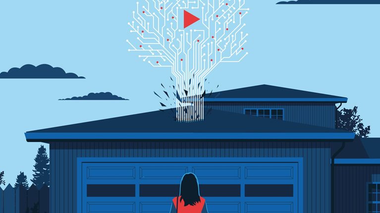 A woman stands in front of her home in reflection. A tree made up of network nodes bursts through the roof of her garage.