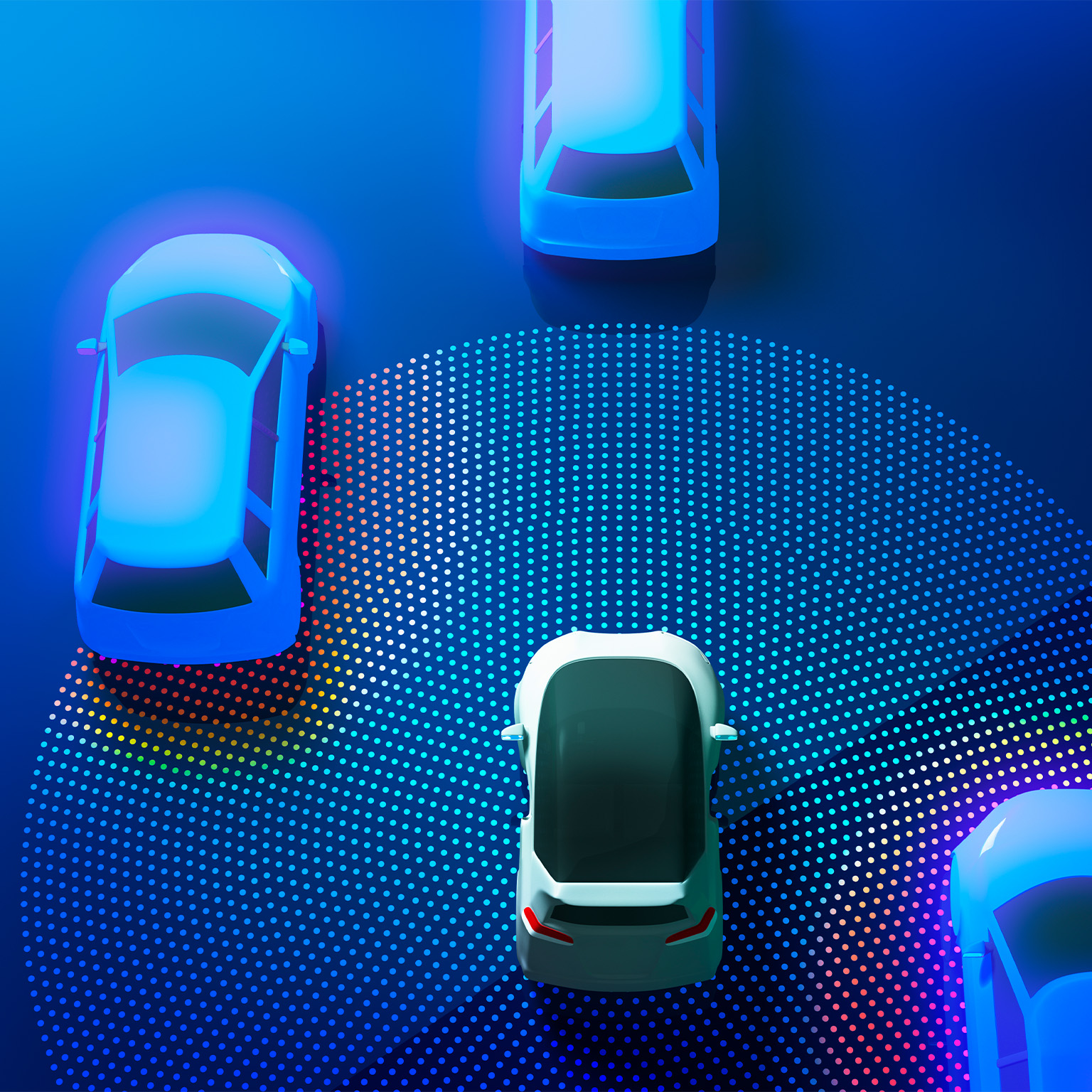 3d image of an autonomous driving car with sensor dots extending out from it