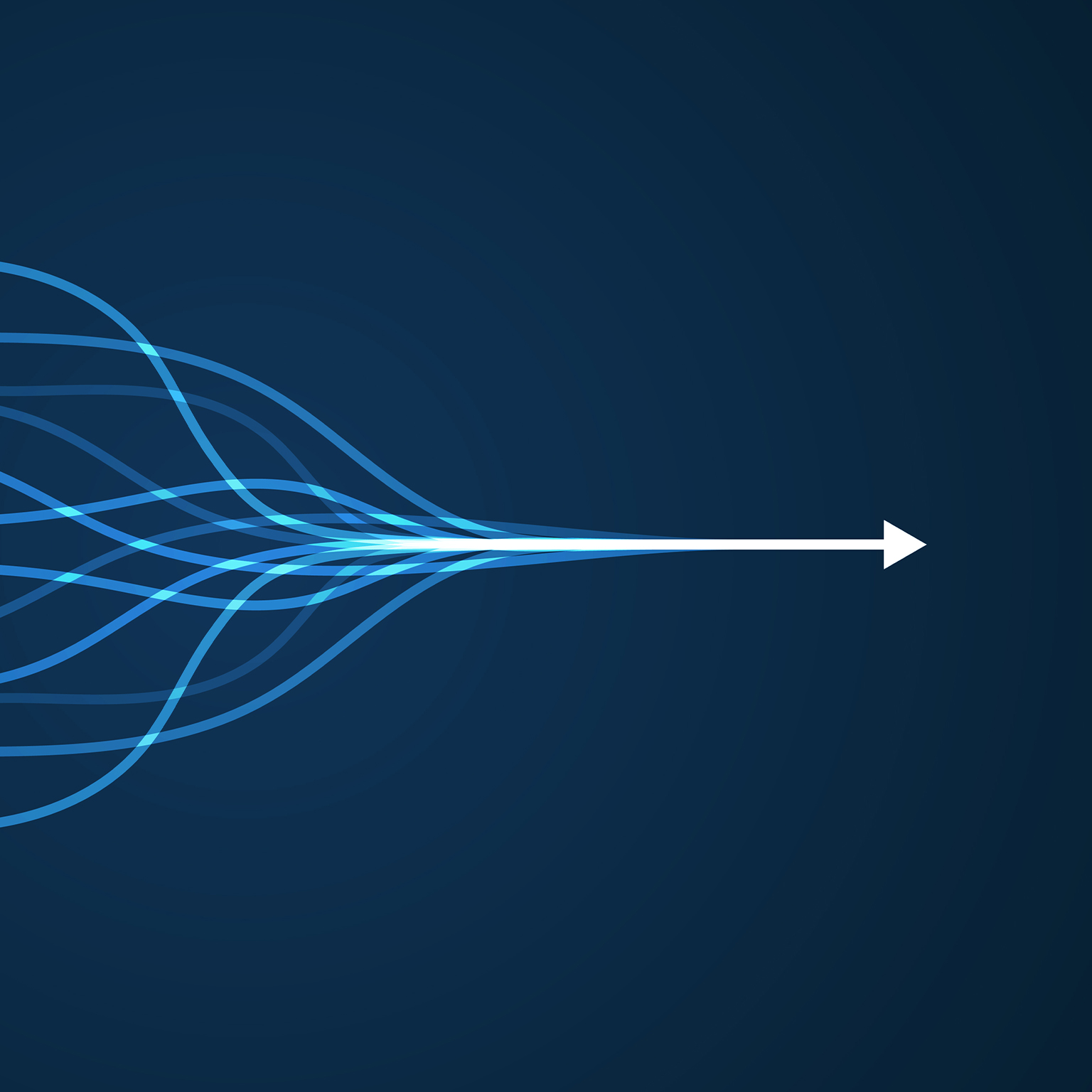 Abstract multiple high tech arrows consolidating into one, pointing in direction from left to right. - stock illustration