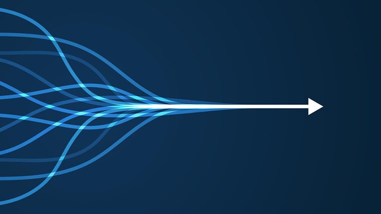 Abstract multiple high tech arrows consolidating into one, pointing in direction from left to right. - stock illustration