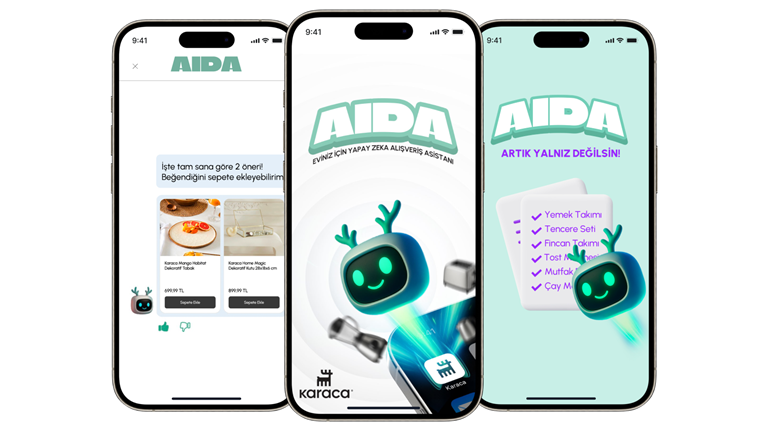 AIDA mobile app interface displayed on three smartphones