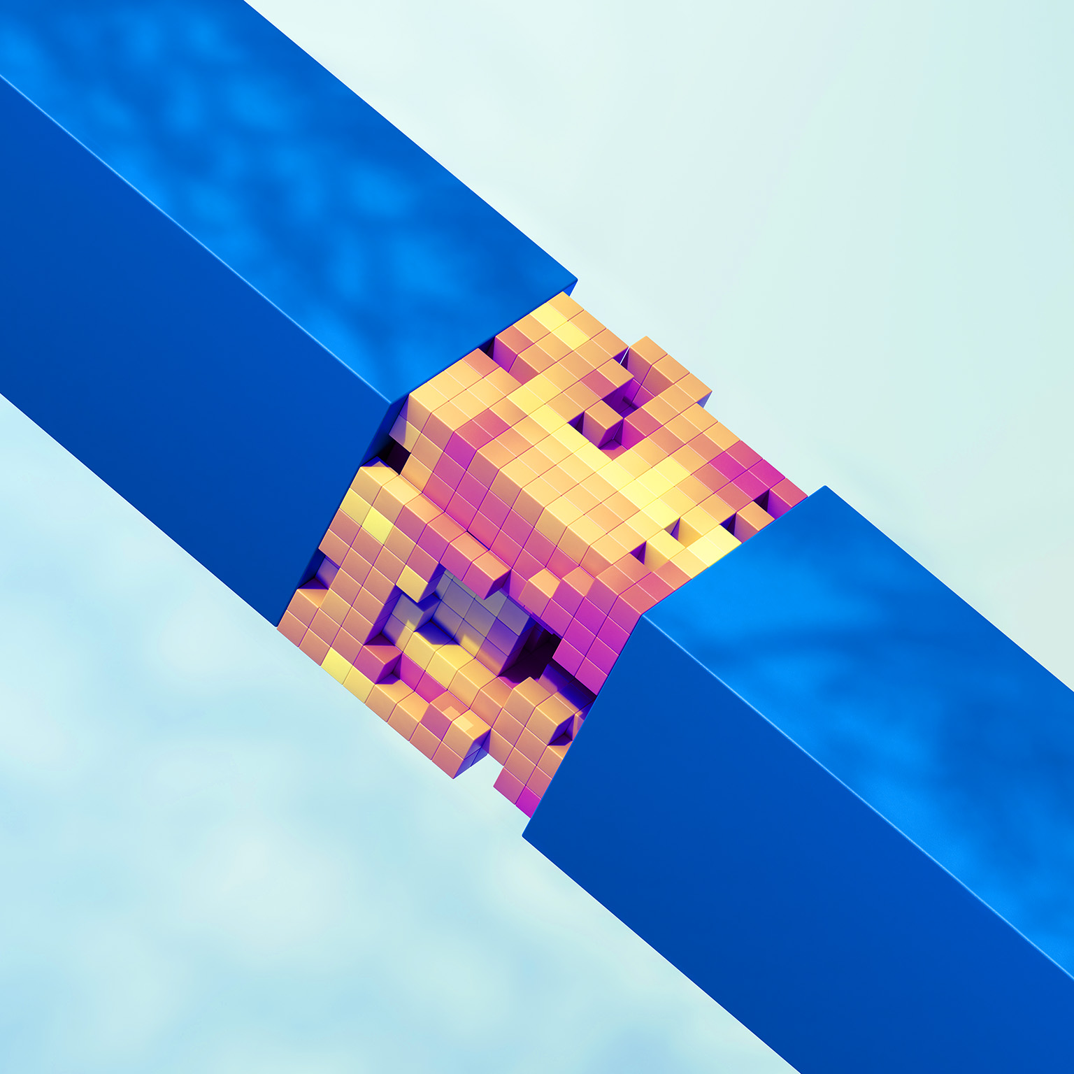 3d image of two simple square sleeves separating and revealing a complex structured core of multicolored cubic blocks within.