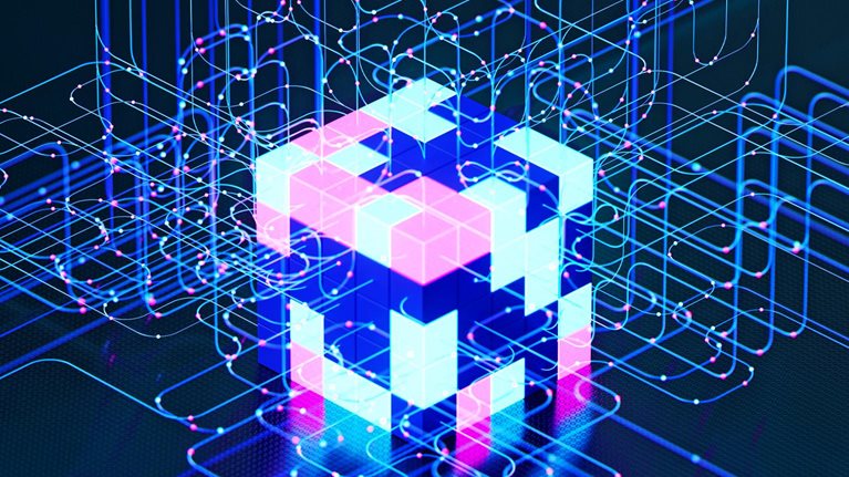 A glowing cube composed of smaller squares in shades of pink and blue, surrounded by interconnected lines and dots in the same colors.