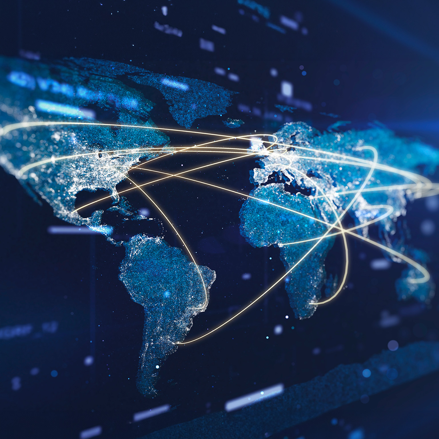 Global communication network on a glowing particle world map. - stock photo