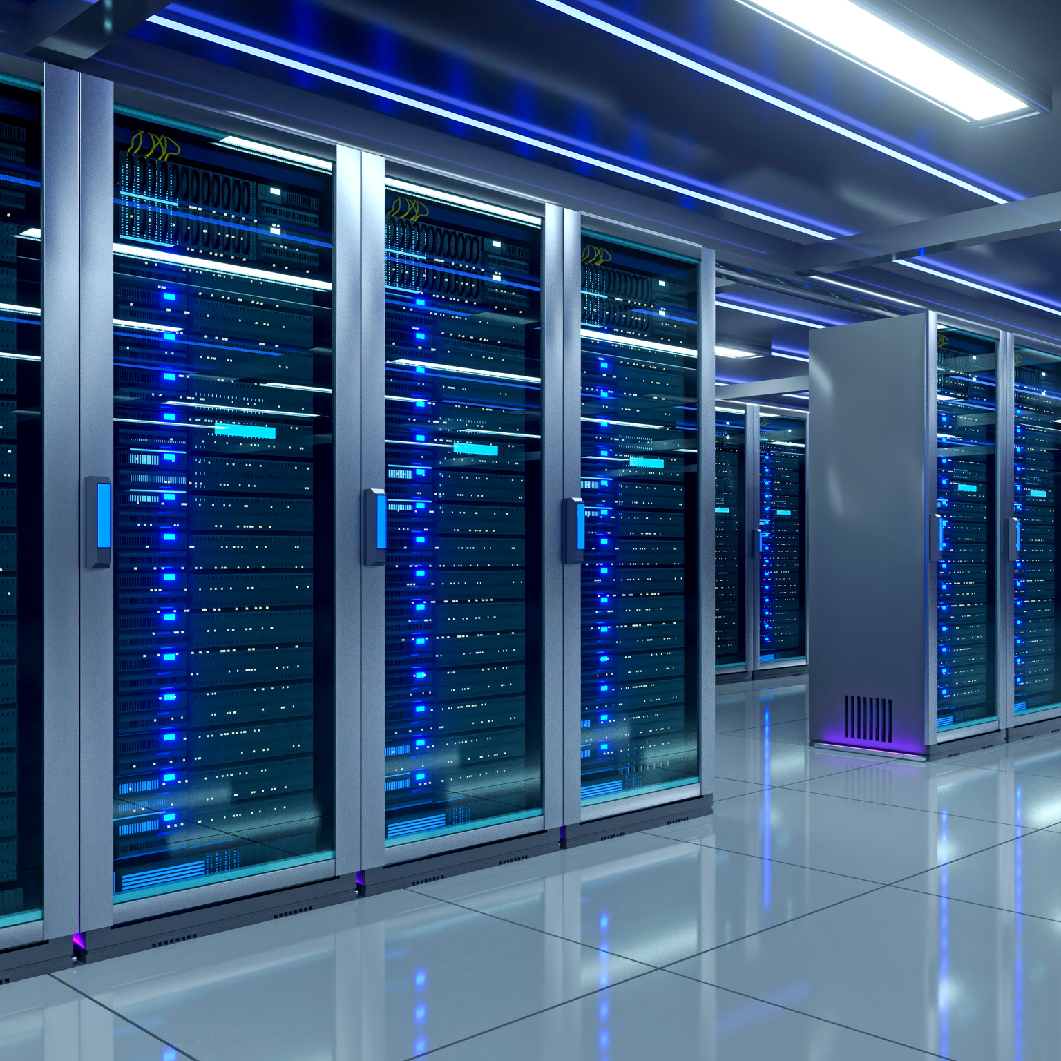 A modern data center filled with rows of illuminated server racks extending into the distance under bright blue lighting.