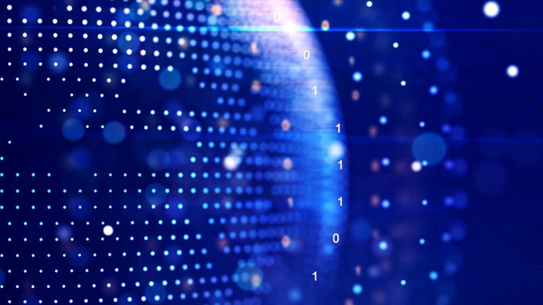 A glowing blue sphere composed of segmented, grid-lined layers appears to float above a reflective digital surface. The futuristic design suggests global trade, interconnected systems, and a world being reshaped by shifting economic flows.