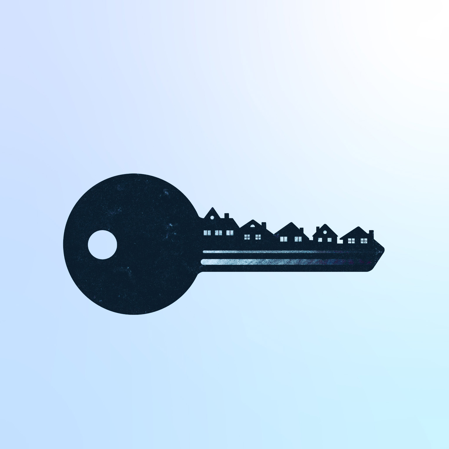 A dark blue outline of a key with a bit made up of a line of houses of different sizes, implying property ownership and the housing market. The key is contrasted against a pale blue backdrop.